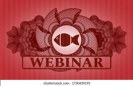 Lineare Dekoration Fisch Symbol und Webinar Text rot Farbe realistische Emblem. Bars, chic Hintergrund. Künstlerische Illustration. 