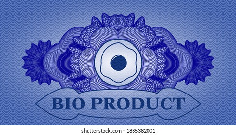 Linear decoration fried egg icon and Bio Product text blue japan pattern realistic emblem. Geometric handsome background. Illustration. 