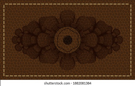 Decoración lineal icono de huevo frito dentro de la insignia realista de cuero marrón. Fondo de la cartera. Ilustración intensa. 