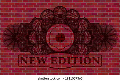 Linear decoration fried egg icon and New edition text brick stone wall badge. Tiles exquisite background. Artistic illustration. 