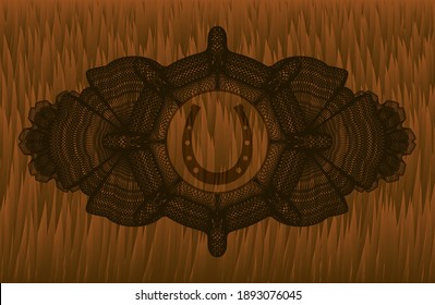 Linear decoration horseshoe icon inside Brown fur badge. Animal luxurious background. Artistic illustration. 