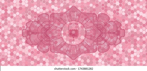 Decoración lineal ícono de bolsa de solución hospitalaria dentro del color rosa mosaico estilo mosaico patrón realista. Fondo delicado de hexágono geométrico. Ilustración artística. 