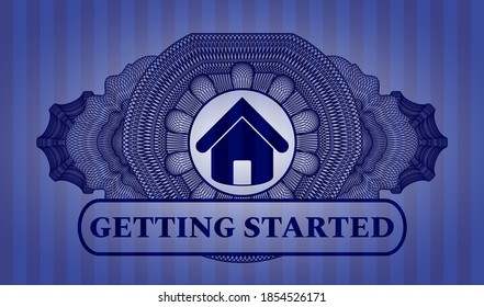 Icono de la casa de decoración lineal y texto Introducción emblema de color azul. Barras de fondo a la moda. Ilustración artística. 