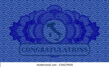 Decoración lineal Icono de mapa de Italia y Felicitaciones texto color azul patrón japonés emblema realista. Fondo geométrico elegante. Ilustración. 