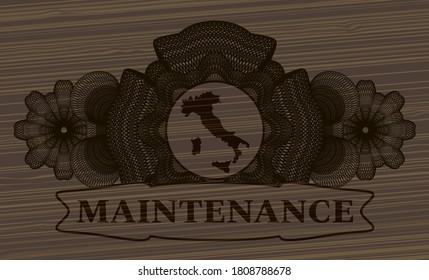 Decoración lineal Icono de mapa italiano y insignia de madera de texto de mantenimiento. Fondo elegante marrón. Ilustración. 