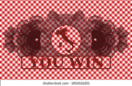 Linear decoration Italy map icon and You Win text red checkered tablecloth emblem. Restaurant luxurious background. Vector illustration. 
