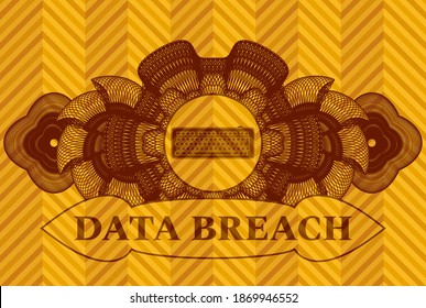 Linear decoration keyboard icon and data breach text orange color emblem. Geometric delicate background. Intense illustration. 
