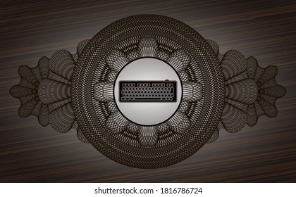Linear decoration keyboard icon inside dark wooden realistic emblem. Brown fancy background. Artistic illustration. 
