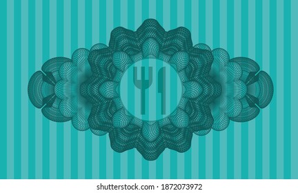 Linear decoration knife and fork icon inside Turquoise color realistic badge. Bars exquisite background. Artistic illustration. 