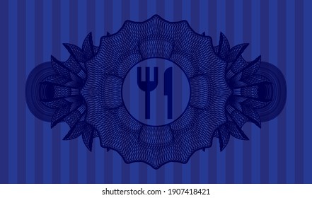 Linear decoration knife and fork icon inside Blue color badge. Bars handsome background. Artistic illustration. 