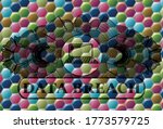 Linear decoration laptop computer icon and data breach text Colorful candy multicolored badge. Hexagon delicate background. Intense illustration. 
