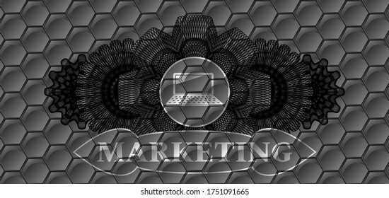 Linear decoration laptop computer icon and Marketing text grey color hexagon geometric pattern realistic emblem. Trendy fashionable background. Vector illustration. 