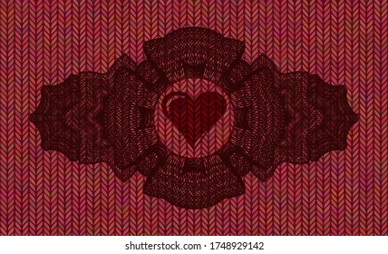 Linear decoration Love heart icon inside Red wool badge. Cloth chic background. Illustration. 