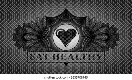 Linear decoration Love heart icon and Eat healthy text dark abstract badge. Pattern fashionable background. Intense illustration. 