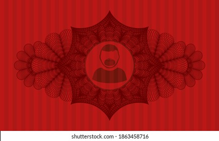 Linear decoration Man wearing mask icon inside red color emblem. Bars delicate background. Vector illustration. 