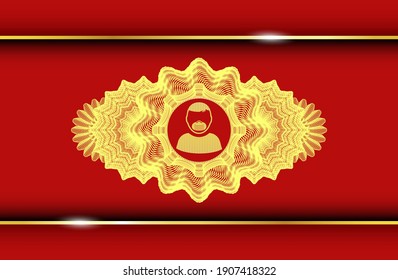 Linear decoration Man wearing mask icon inside Red color and Gold badge. Traditional graceful background. Vector illustration. 