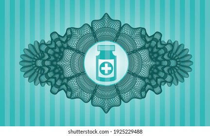Lineare Dekoration Medizin Flasche Symbol in türkisfarbenem Emblem. Bars, feiner Hintergrund. Intensive Illustration. 