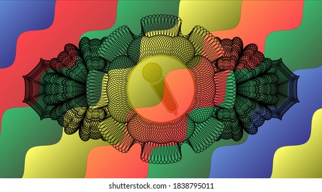 Linear decoration microphone icon inside Colorful badge. Curvy chic background. Artistic illustration. 