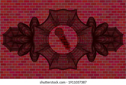 Linear decoration microphone icon inside brick stone wall realistic emblem. Tiles luxurious background. Illustration. 