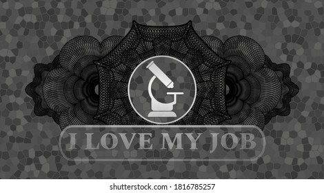 Linear decoration microscope icon and I Love my job text grey color stone wall realistic badge. Rock fancy background. Illustration. 