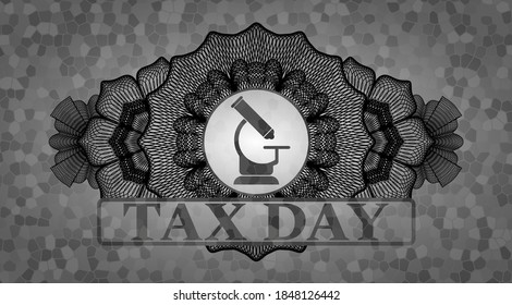 Linear decoration microscope icon and tax day text stone wall badge. Rock fancy background. Vector illustration. 