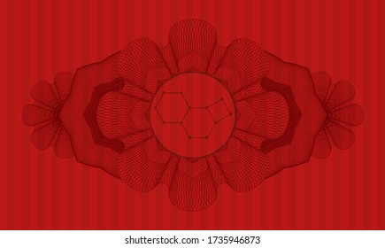 Linear decoration molecule icon inside red color realistic badge. Bars exquisite background. Intense illustration. 