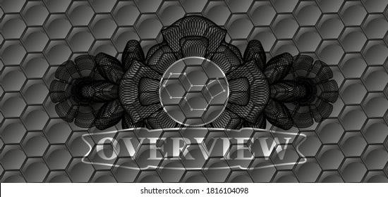 Linear decoration molecule icon and Overview text grey color shiny pattern realistic emblem. Trendy background. Intense illustration. 