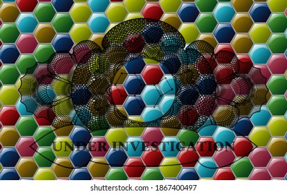 Linear decoration molecule icon and Under Investigation text Colorful multicolored badge. Hexagon graceful background. Vector illustration. 