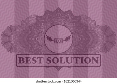 Linear decoration Money wings flying icon and Best Solution text pink wavy badge. Curve luxurious background. Intense illustration. 