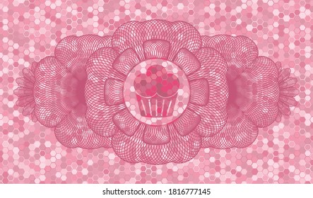 Linear decoration muffin icon inside pink color tiles mosaic style pattern realistic emblem. Geometric hexagon fashionable background. Vector illustration. 