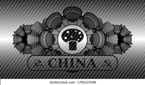 Linear decoration mushroom icon and China text carbon fiber emblem. Polymer texture exquisite background. Artistic illustration. 