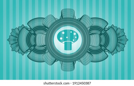 Linear decoration mushroom icon inside Turquoise realistic badge. Bars exquisite background. Vector illustration. 