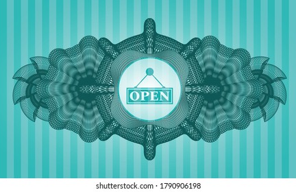 Linear decoration open business sign icon inside Turquoise color emblem. Bars delicate background. Vector illustration. 