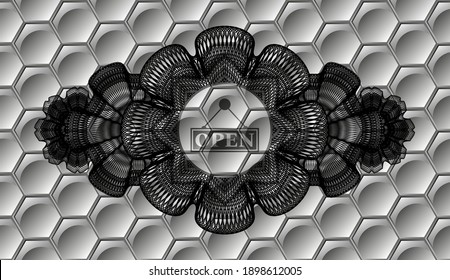 Linear decoration open business sign icon inside grey color shiny style pattern realistic emblem. Trendy background. Illustration. 