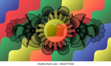 Linear decoration open folder with money document icon inside Colorful candy emblem. Curvy chic background. Illustration. 