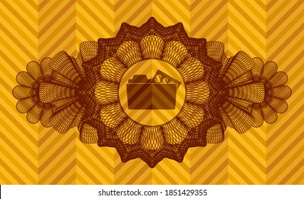 Lineare Dekoration offener Ordner mit Gelddokumentsymbol in abstraktem orangefarbenem Emblem. Geometrischer, anmutiger Hintergrund. Künstlerische Illustration. 