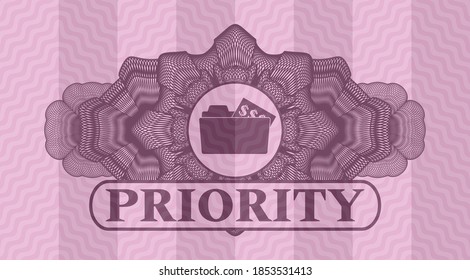 Linear decoration open folder with money document icon and Priority text pink wavy emblem. Curve chic background. Vector illustration. 