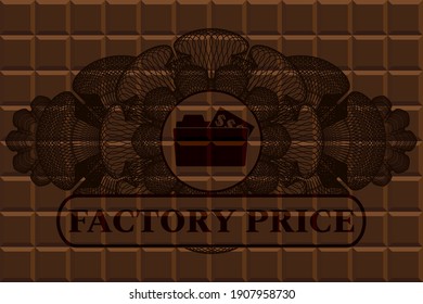Linear decoration open folder with money document icon and Factory Price text chocolate badge. Brown chic background. Vector illustration. 