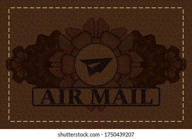 Linear decoration paper plane icon and Air mail text brown leather realistic badge. Wallet classic background. Intense illustration. 