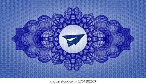 Linear decoration paper plane icon inside blue japanese style realistic badge. Geometric classic background. Illustration. 
