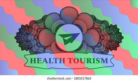 Linear decoration paper plane icon and health tourism text Colorful candy emblem. Curvy chic background. Intense illustration. 