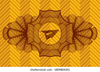 Linear decoration paper plane icon inside abstract orange color emblem. Geometric luxurious background. Artistic illustration. 