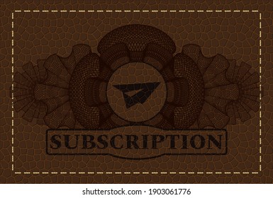 Linear decoration paper plane icon and Subscription text leather emblem. Wallet delicate background. Artistic illustration. 