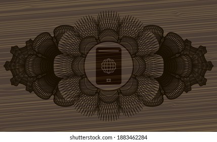 Linear decoration passport icon inside wooden realistic badge. Brown handsome background. Artistic illustration. 
