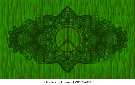 Linear decoration peace icon inside grass pasture realistic badge. Eco classic background. Intense illustration. 