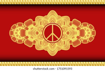 Lineare Dekoration Friedenssymbol in Gold und Rot. Traditioneller luxuriöser Hintergrund. Künstlerische Illustration. 