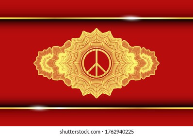 Decoración lineal icono de paz dentro del emblema realista Red and Gold. El lujo tradicional. Ilustración artística. 