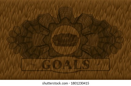 Linear decoration pie icon and Goals text Hairy Brown fur badge. Animal classic background. Intense illustration. 
