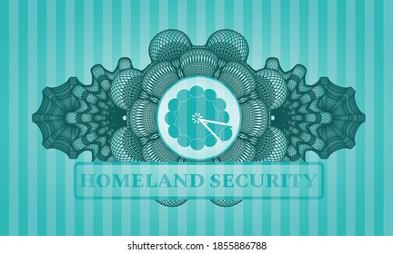 Linear Decoration Pie Icon And Homeland Security Text Turquoise Realistic Emblem. Bars Chic Background. Vector Illustration. 