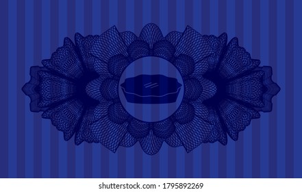 Linear decoration pie icon inside Blue realistic badge. Bars fancy background. Artistic illustration. 
